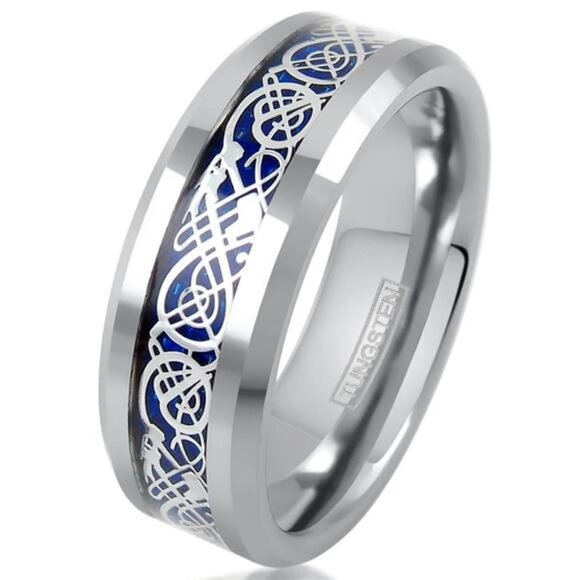 Men's Wedding Band 6mm Silver on Blue Celtic Dragon Ring for Men and Women - Picture 5 of 5